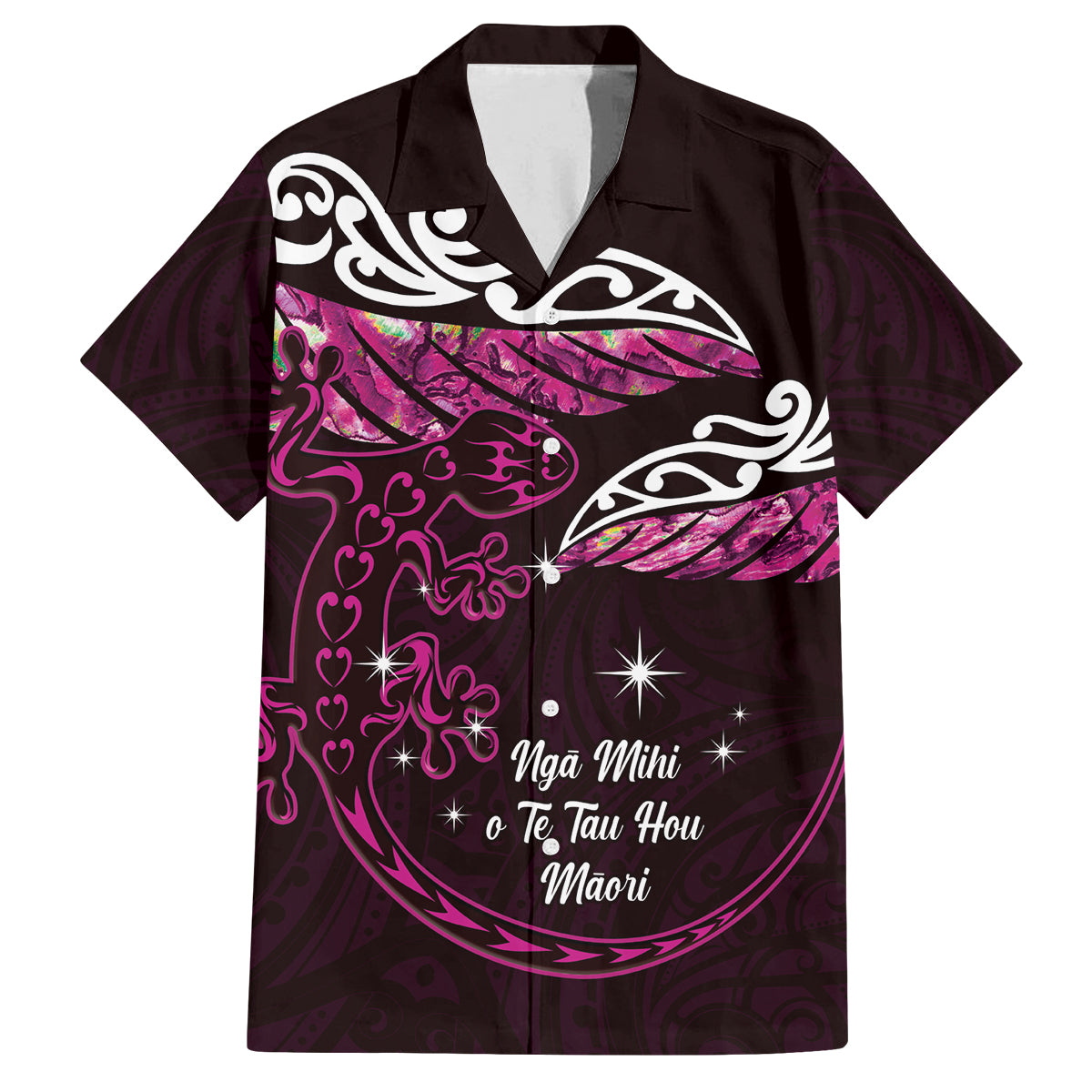 New Zealand Matariki Family Matching Long Sleeve Bodycon Dress and Hawaiian Shirt Maori New Year Silver Fern And Lizard - Pink LT14 Dad's Shirt - Short Sleeve Pink - Polynesian Pride