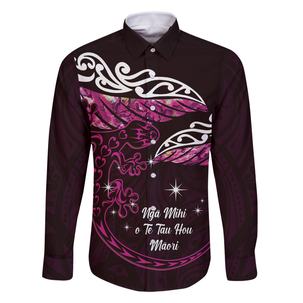 New Zealand Matariki Family Matching Long Sleeve Bodycon Dress and Hawaiian Shirt Maori New Year Silver Fern And Lizard - Pink LT14 Dad's Shirt - Long Sleeve Pink - Polynesian Pride