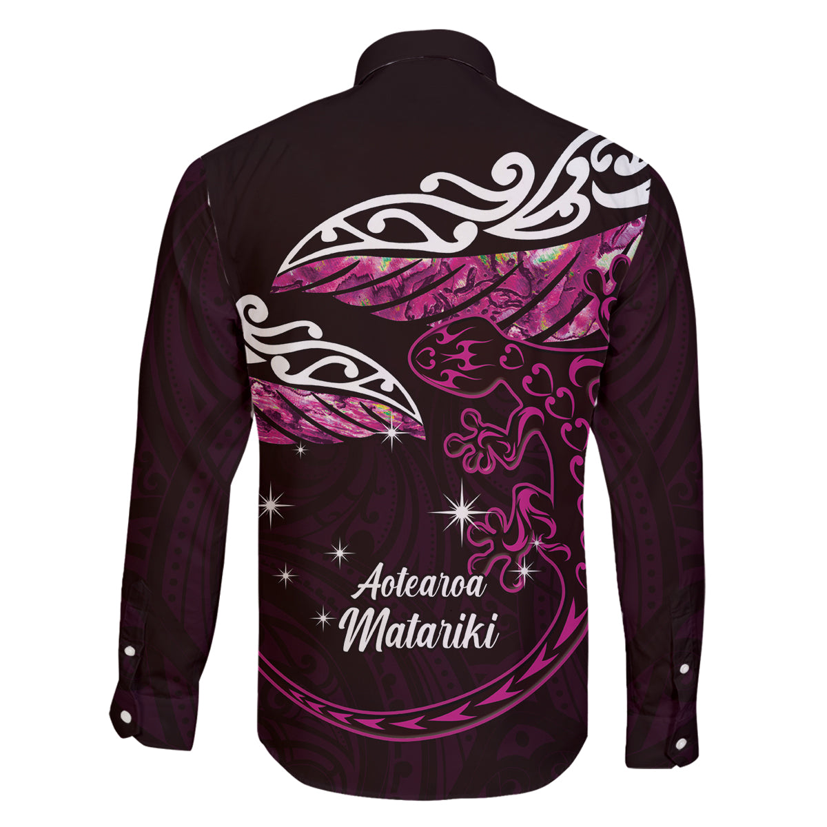 New Zealand Matariki Family Matching Long Sleeve Bodycon Dress and Hawaiian Shirt Maori New Year Silver Fern And Lizard - Pink LT14 - Polynesian Pride