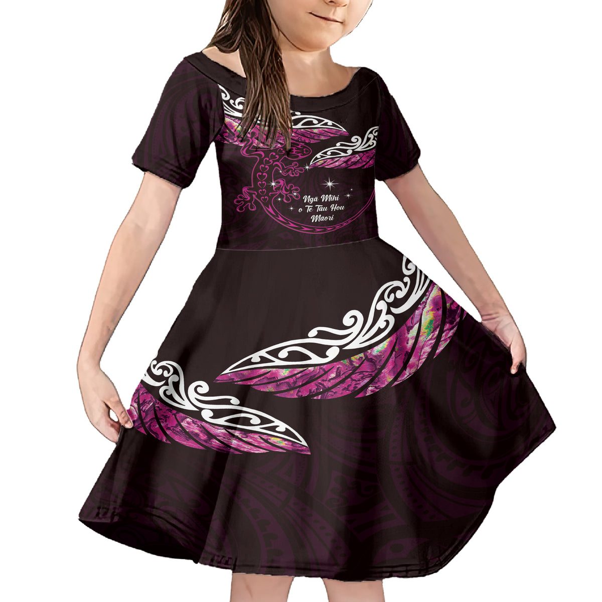 New Zealand Matariki Family Matching Short Sleeve Bodycon Dress and Hawaiian Shirt Maori New Year Silver Fern And Lizard - Pink LT14 Daughter's Dress Pink - Polynesian Pride