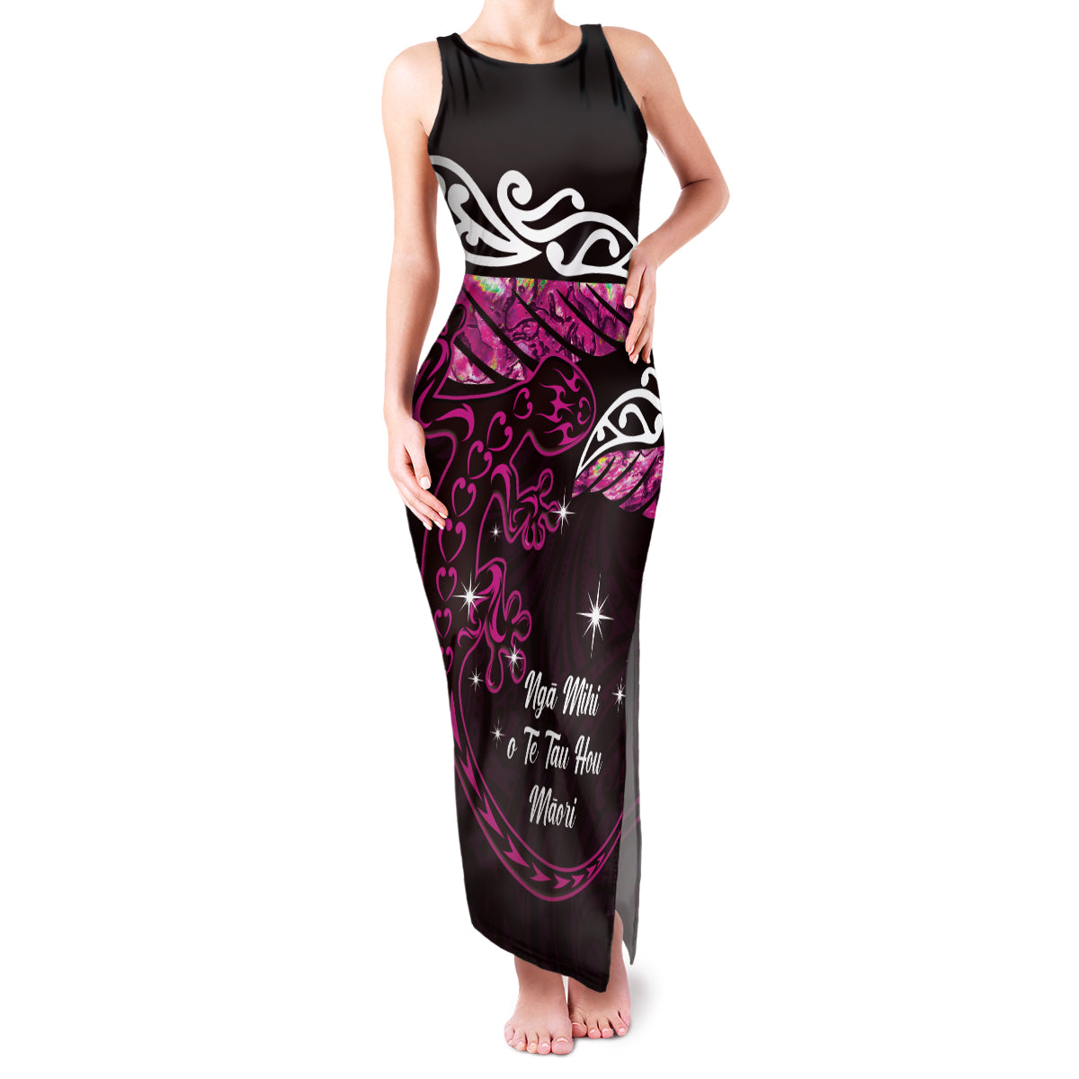 New Zealand Matariki Family Matching Tank Maxi Dress and Hawaiian Shirt Maori New Year Silver Fern And Lizard - Pink
