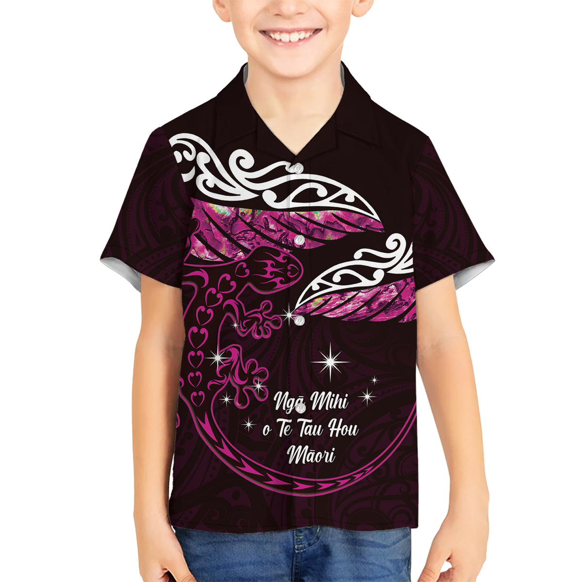 New Zealand Matariki Kid Hawaiian Shirt Maori New Year Silver Fern And Lizard - Pink LT14 Kid Pink - Polynesian Pride