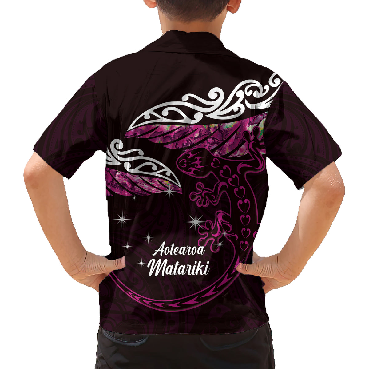 New Zealand Matariki Kid Hawaiian Shirt Maori New Year Silver Fern And Lizard - Pink LT14 - Polynesian Pride