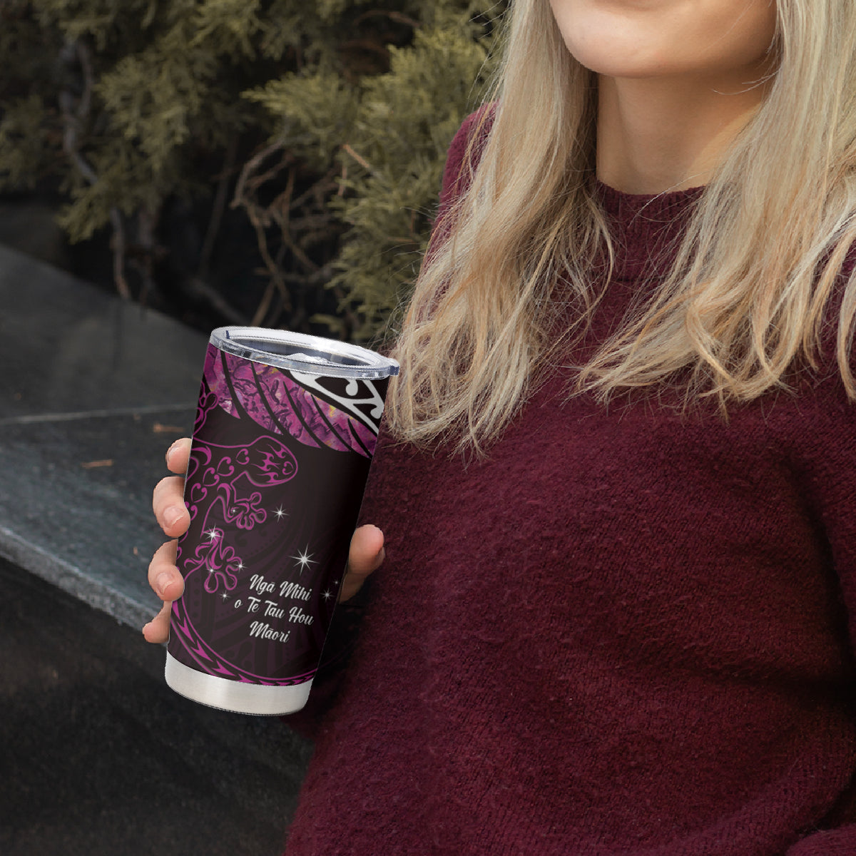 New Zealand Matariki Tumbler Cup Maori New Year Silver Fern And Lizard - Pink