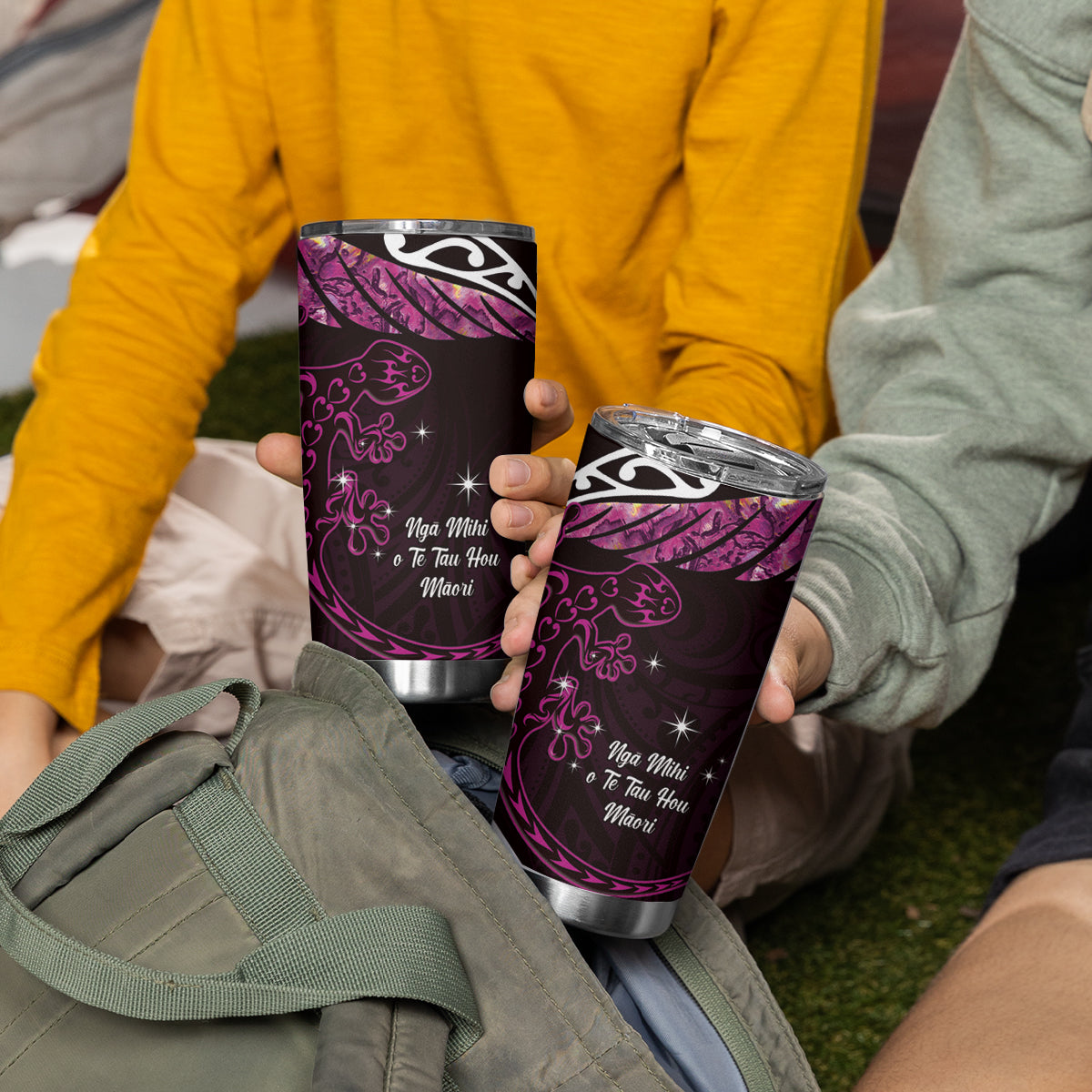 New Zealand Matariki Tumbler Cup Maori New Year Silver Fern And Lizard - Pink