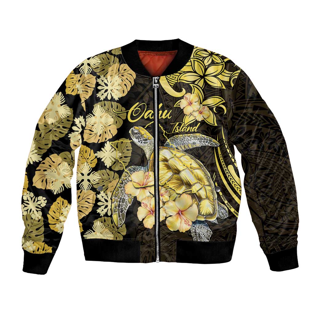 Personalised Aloha Hawaii Oahu Island Bomber Jacket Gathering Place Sea Turtle Ilima Flowers LT14 Unisex Yellow - Polynesian Pride