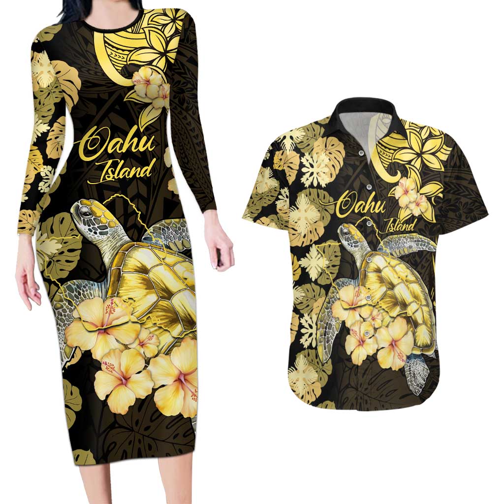 Personalised Aloha Hawaii Oahu Island Couples Matching Long Sleeve Bodycon Dress and Hawaiian Shirt Gathering Place Sea Turtle Ilima Flowers