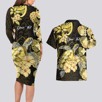 Personalised Aloha Hawaii Oahu Island Couples Matching Long Sleeve Bodycon Dress and Hawaiian Shirt Gathering Place Sea Turtle Ilima Flowers
