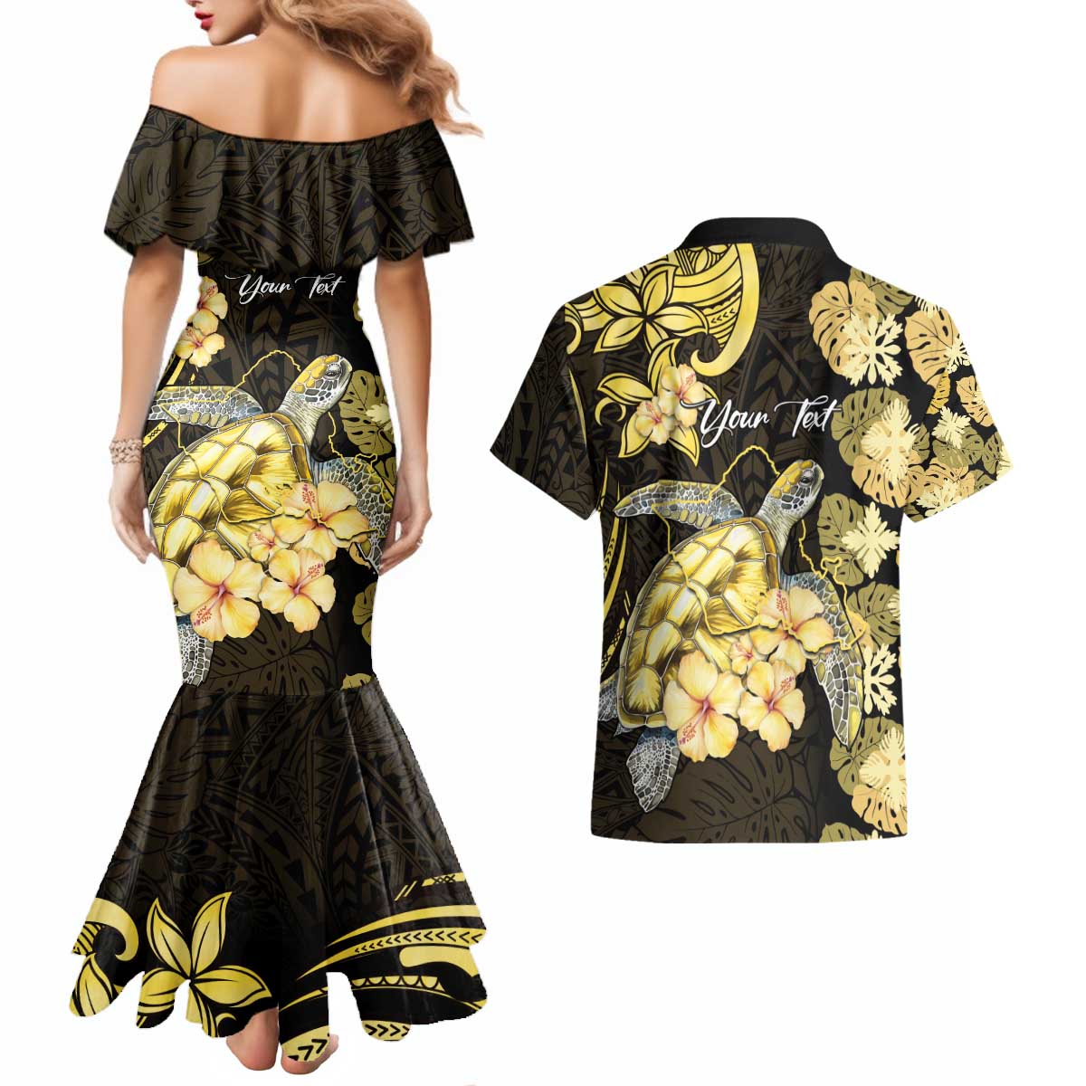 Personalised Aloha Hawaii Oahu Island Couples Matching Mermaid Dress and Hawaiian Shirt Gathering Place Sea Turtle Ilima Flowers