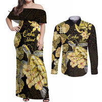 Personalised Aloha Hawaii Oahu Island Couples Matching Off Shoulder Maxi Dress and Long Sleeve Button Shirt Gathering Place Sea Turtle Ilima Flowers