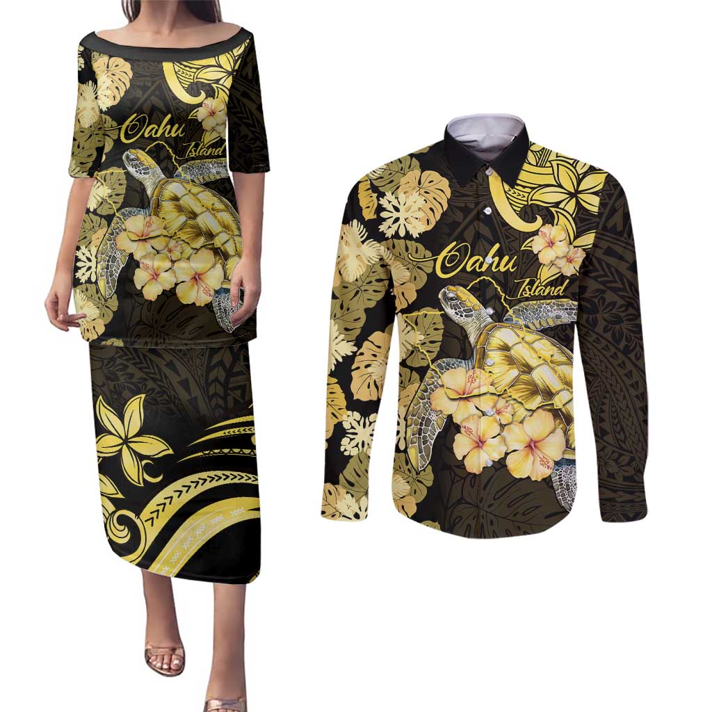 Personalised Aloha Hawaii Oahu Island Couples Matching Puletasi and Long Sleeve Button Shirt Gathering Place Sea Turtle Ilima Flowers