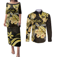 Personalised Aloha Hawaii Oahu Island Couples Matching Puletasi and Long Sleeve Button Shirt Gathering Place Sea Turtle Ilima Flowers