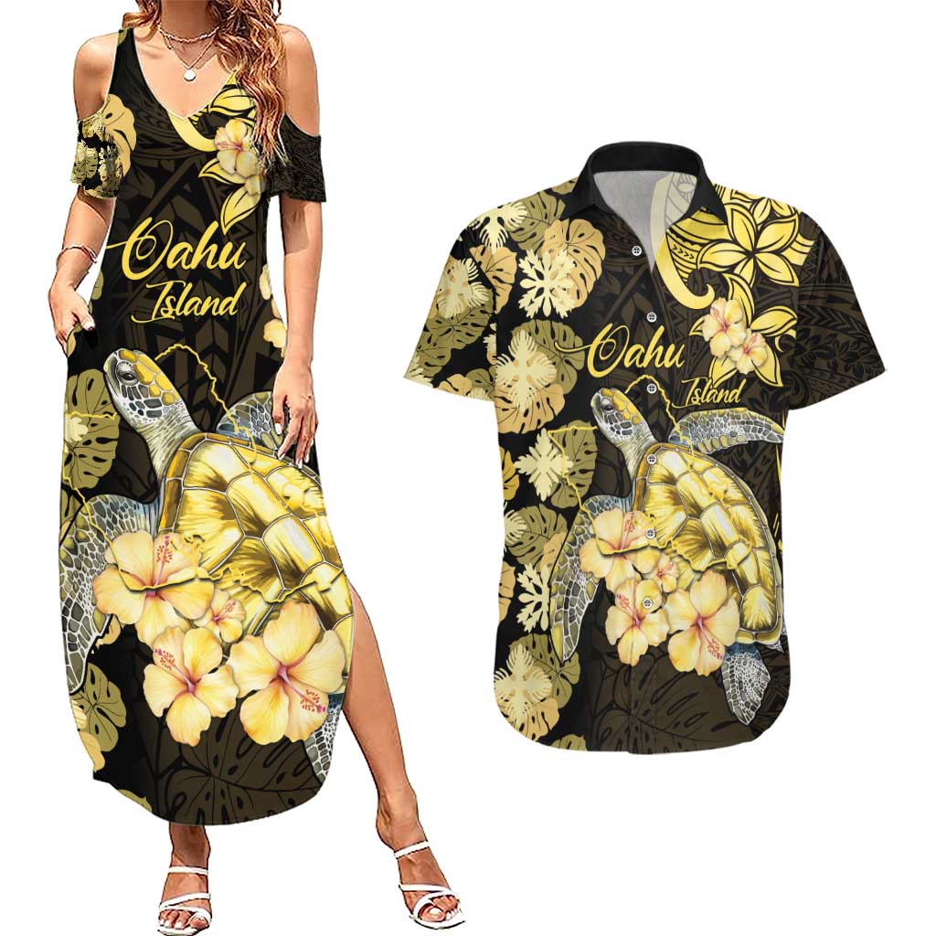 Personalised Aloha Hawaii Oahu Island Couples Matching Summer Maxi Dress and Hawaiian Shirt Gathering Place Sea Turtle Ilima Flowers