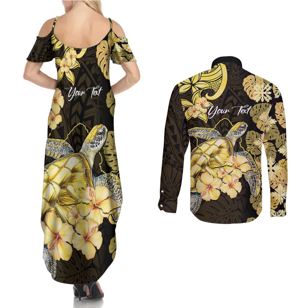 Personalised Aloha Hawaii Oahu Island Couples Matching Summer Maxi Dress and Long Sleeve Button Shirt Gathering Place Sea Turtle Ilima Flowers