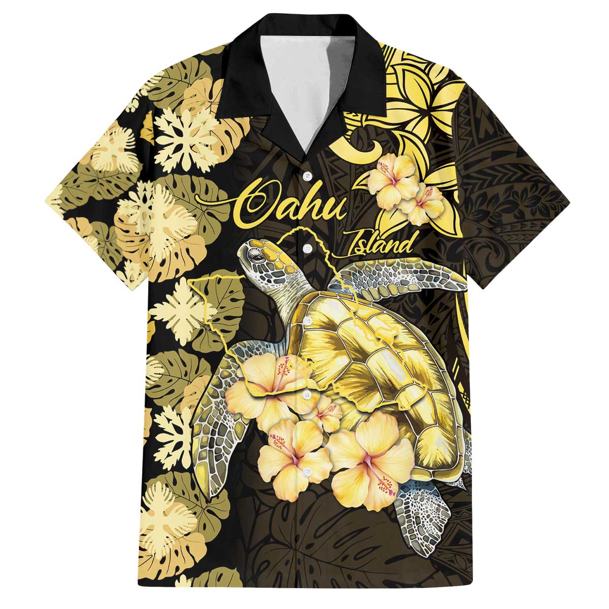 Personalised Aloha Hawaii Oahu Island Family Matching Off The Shoulder Long Sleeve Dress and Hawaiian Shirt Gathering Place Sea Turtle Ilima Flowers