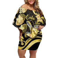 Personalised Aloha Hawaii Oahu Island Family Matching Off Shoulder Short Dress and Hawaiian Shirt Gathering Place Sea Turtle Ilima Flowers
