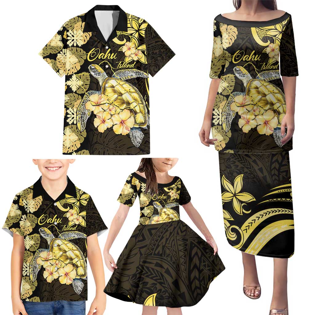 Personalised Aloha Hawaii Oahu Island Family Matching Puletasi and Hawaiian Shirt Gathering Place Sea Turtle Ilima Flowers