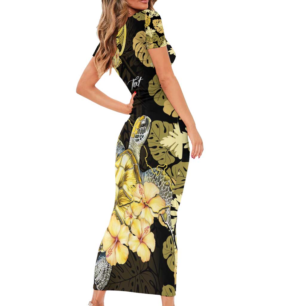Personalised Aloha Hawaii Oahu Island Family Matching Short Sleeve Bodycon Dress and Hawaiian Shirt Gathering Place Sea Turtle Ilima Flowers