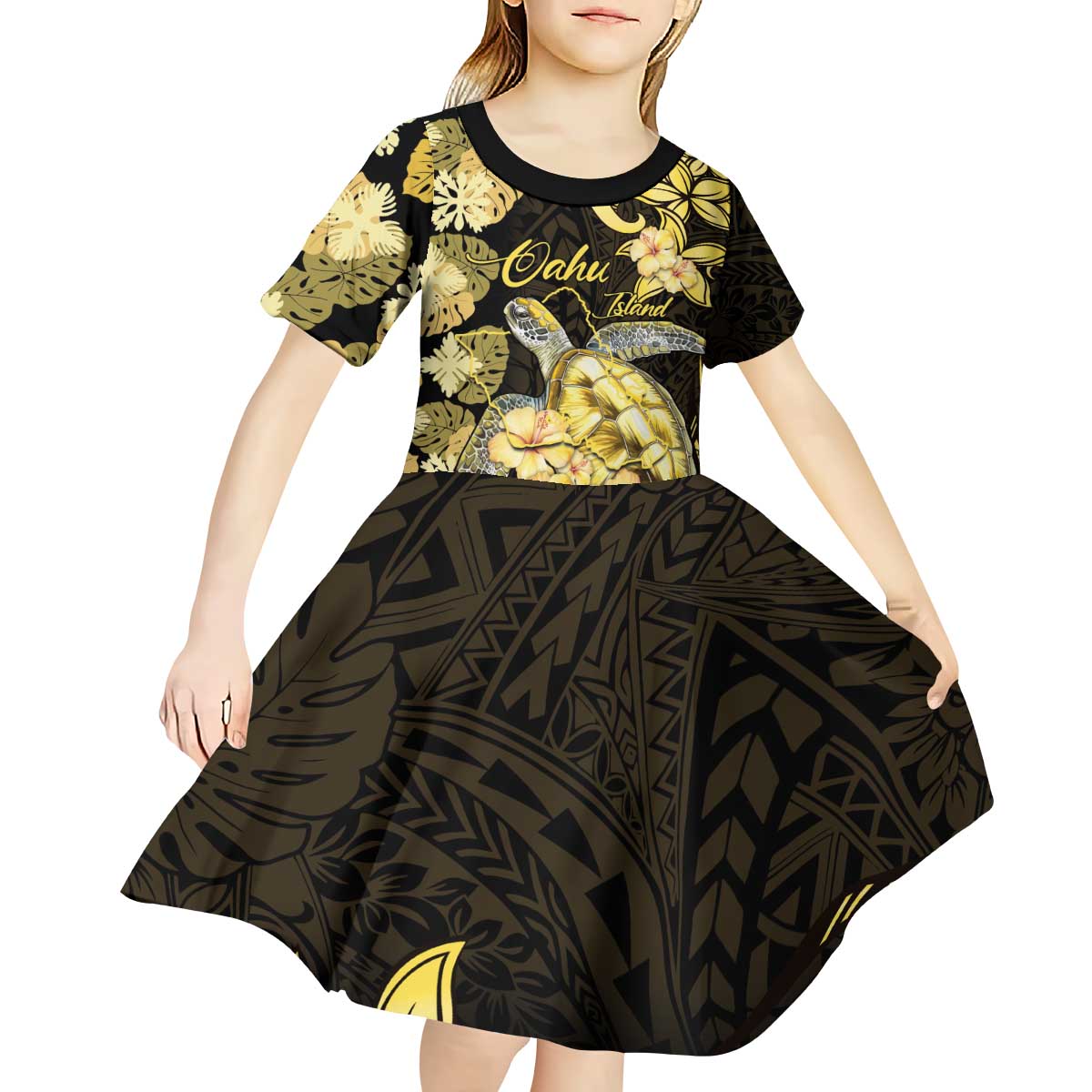 Personalised Aloha Hawaii Oahu Island Kid Short Sleeve Dress Gathering Place Sea Turtle Ilima Flowers