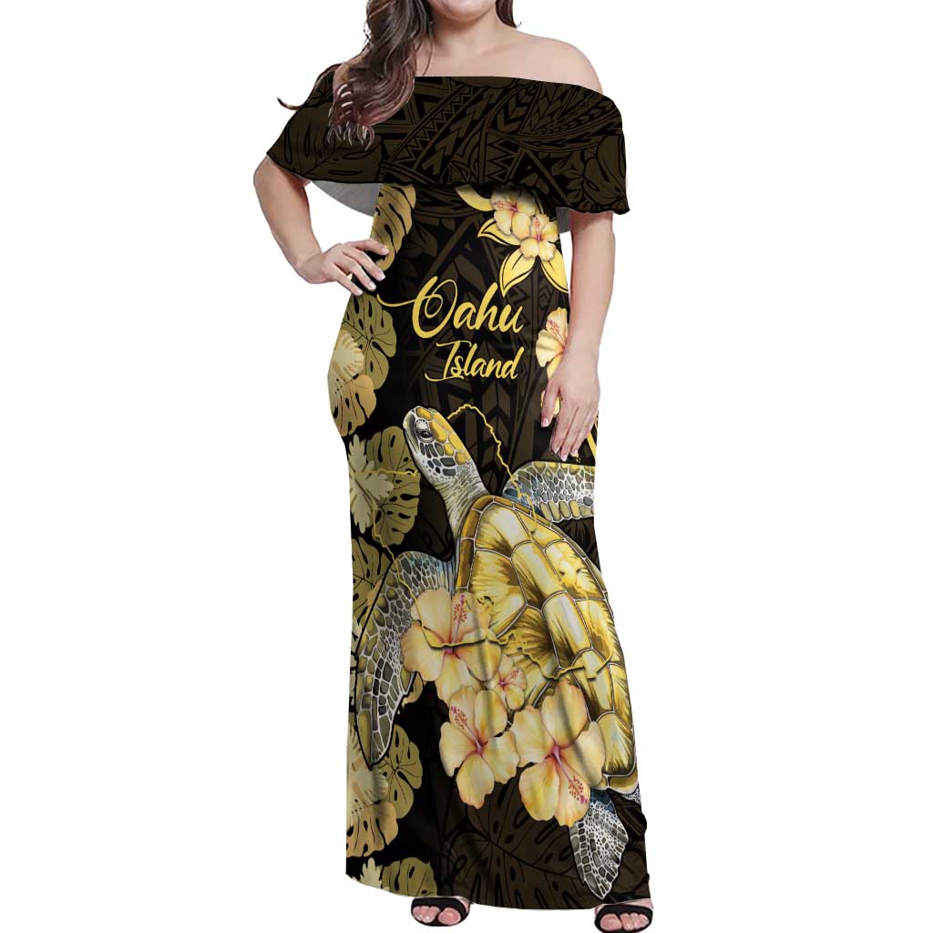 Personalised Aloha Hawaii Oahu Island Off Shoulder Maxi Dress Gathering Place Sea Turtle Ilima Flowers