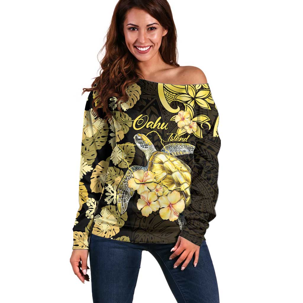 Personalised Aloha Hawaii Oahu Island Off Shoulder Sweater Gathering Place Sea Turtle Ilima Flowers