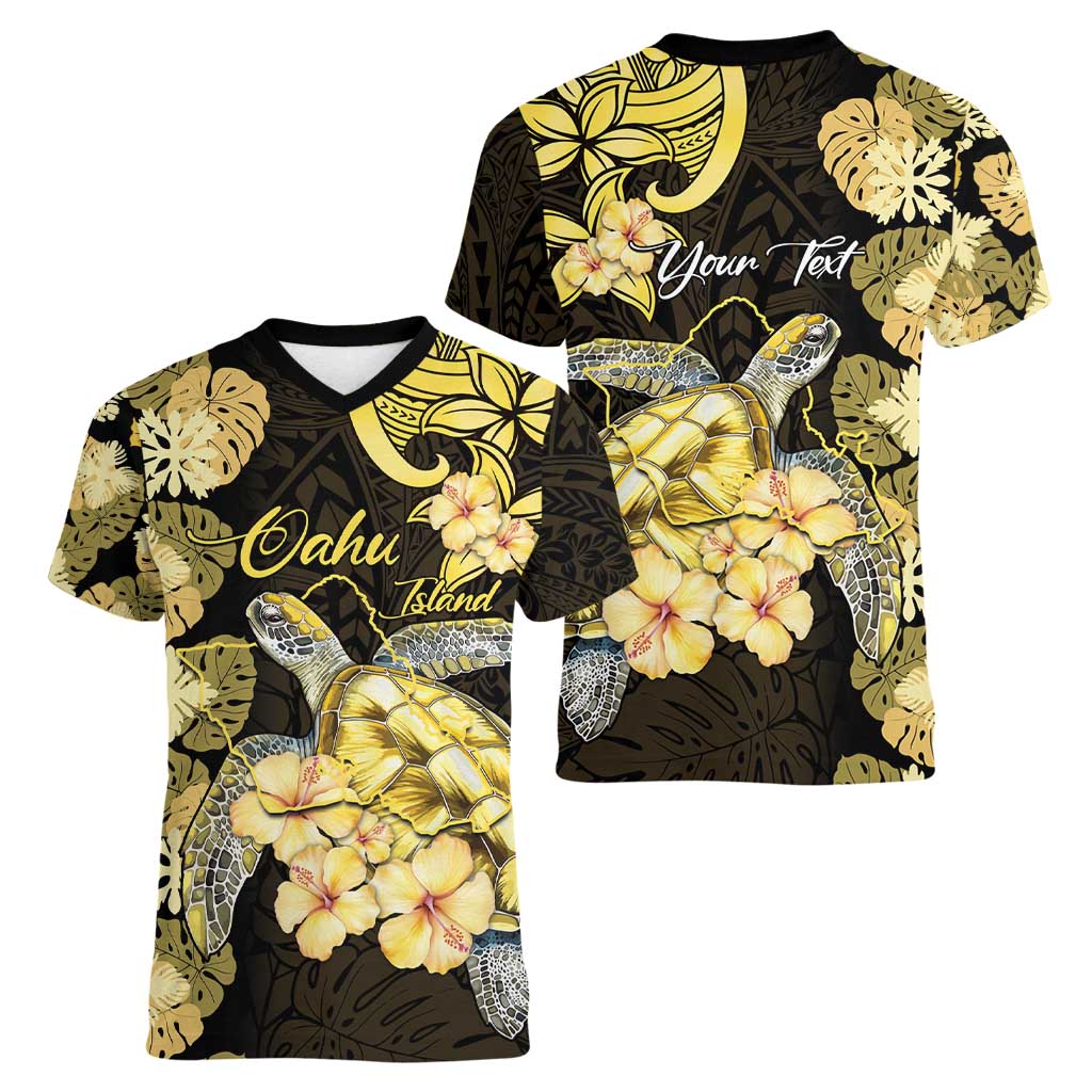 Personalised Aloha Hawaii Oahu Island Women V-Neck T-Shirt Gathering Place Sea Turtle Ilima Flowers