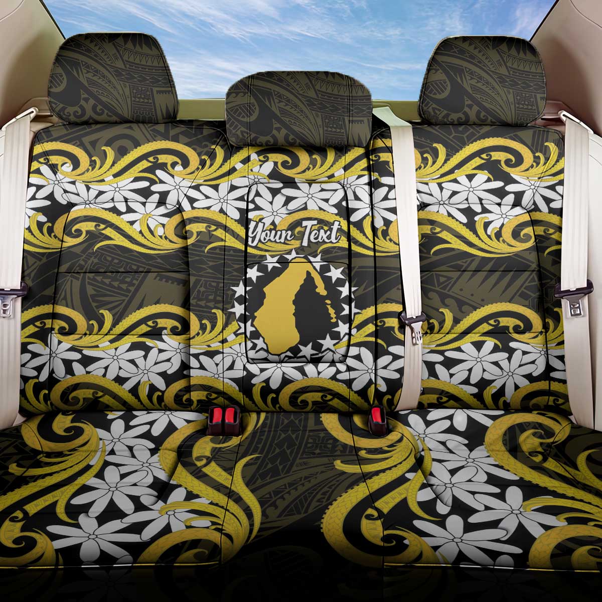 Personalised Cook Islands Aitutaki Back Car Seat Cover Tiare Maori Polynesian Waves Tattoo