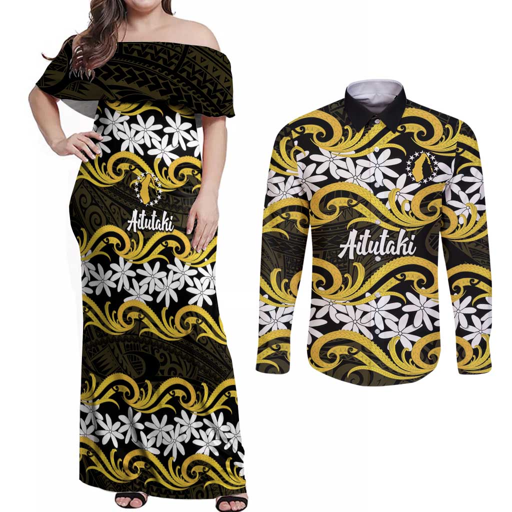 Personalised Cook Islands Aitutaki Couples Matching Off Shoulder Maxi Dress and Long Sleeve Button Shirt Tiare Maori Polynesian Waves Tattoo