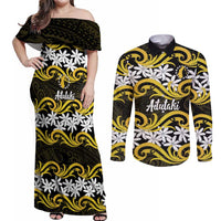Personalised Cook Islands Aitutaki Couples Matching Off Shoulder Maxi Dress and Long Sleeve Button Shirt Tiare Maori Polynesian Waves Tattoo