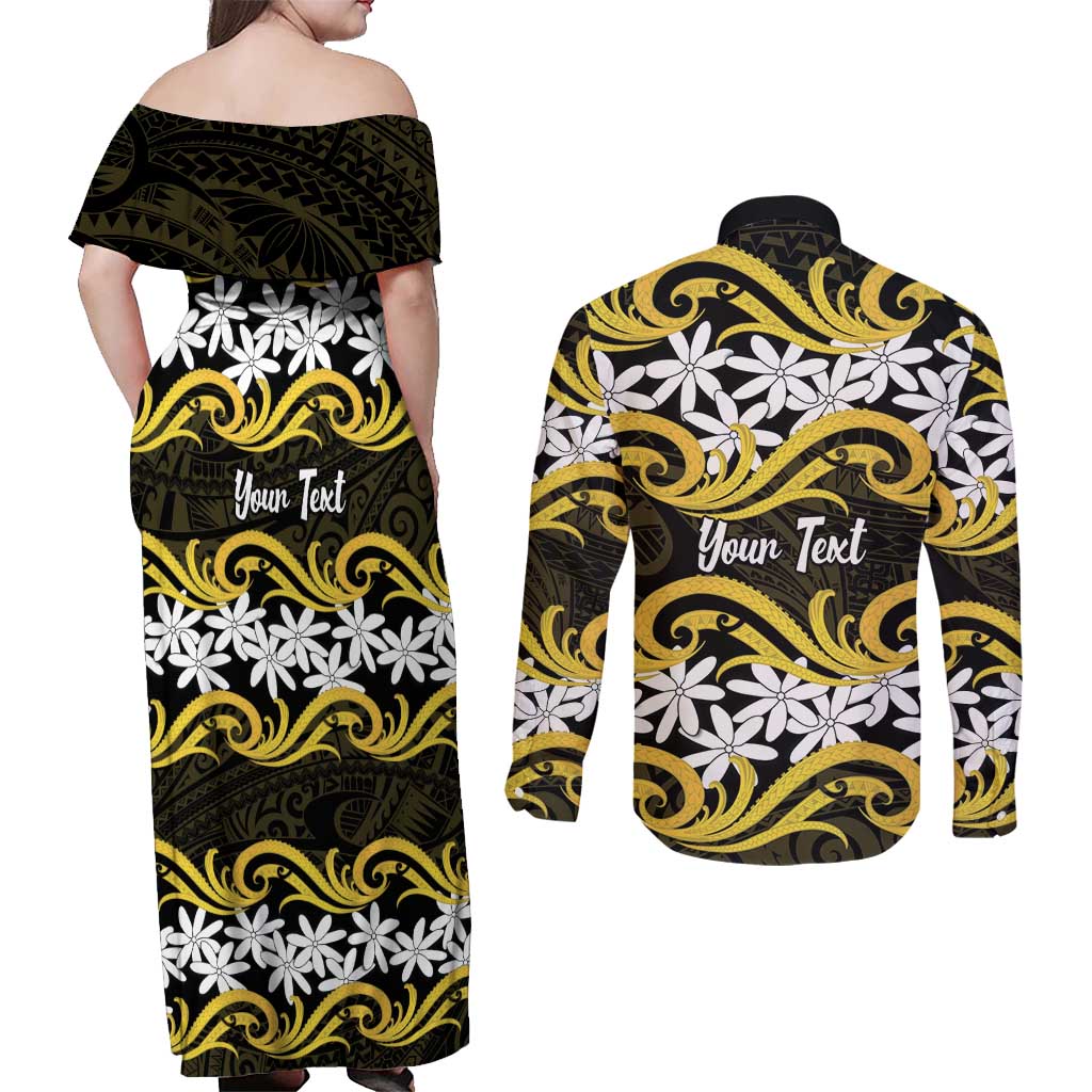 Personalised Cook Islands Aitutaki Couples Matching Off Shoulder Maxi Dress and Long Sleeve Button Shirt Tiare Maori Polynesian Waves Tattoo