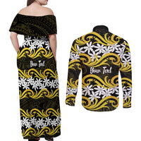 Personalised Cook Islands Aitutaki Couples Matching Off Shoulder Maxi Dress and Long Sleeve Button Shirt Tiare Maori Polynesian Waves Tattoo