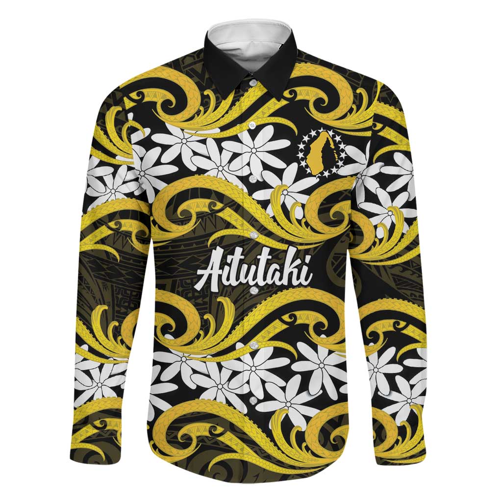 Personalised Cook Islands Aitutaki Family Matching Long Sleeve Bodycon Dress and Hawaiian Shirt Tiare Maori Polynesian Waves Tattoo LT14 Dad's Shirt - Long Sleeve Yellow - Polynesian Pride