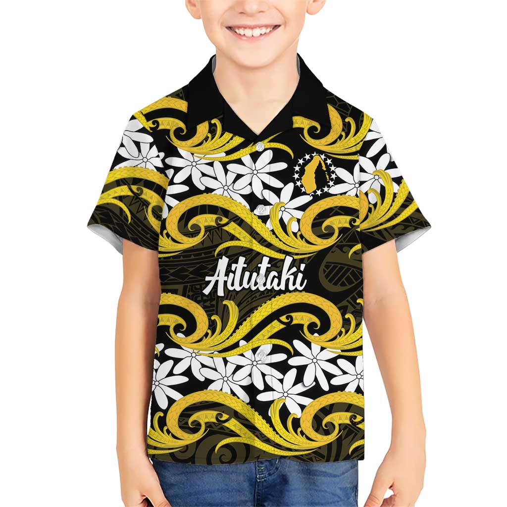 Personalised Cook Islands Aitutaki Family Matching Mermaid Dress and Hawaiian Shirt Tiare Maori Polynesian Waves Tattoo LT14 Son's Shirt Yellow - Polynesian Pride