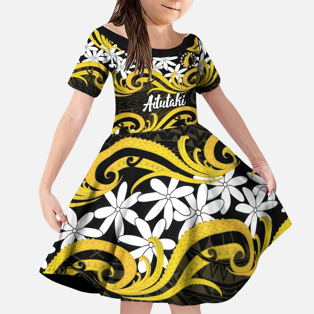 Personalised Cook Islands Aitutaki Family Matching Summer Maxi Dress and Hawaiian Shirt Tiare Maori Polynesian Waves Tattoo LT14 Daughter's Dress Yellow - Polynesian Pride