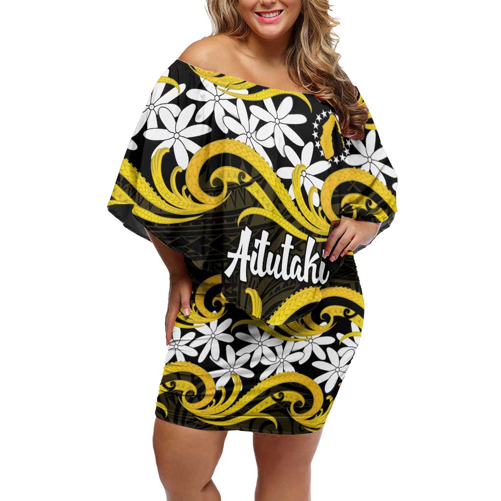 Personalised Cook Islands Aitutaki Off Shoulder Short Dress Tiare Maori Polynesian Waves Tattoo