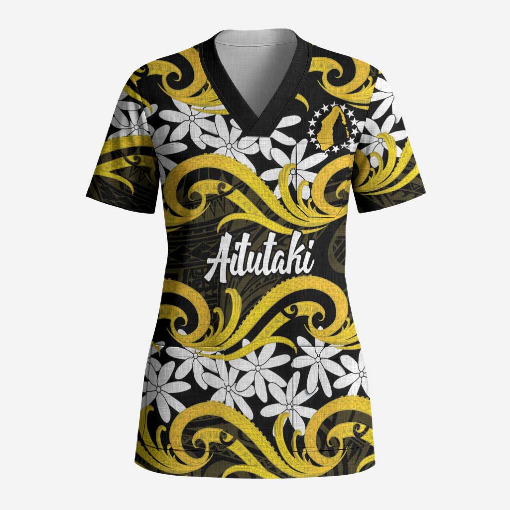 Personalised Cook Islands Aitutaki Scrub Top Tiare Maori Polynesian Waves Tattoo
