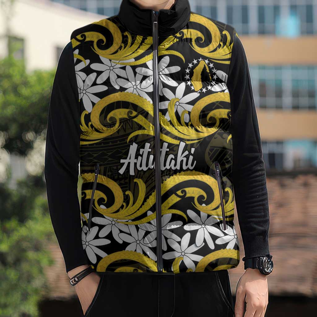Personalised Cook Islands Aitutaki Sleeveless Puffer Jacket Tiare Maori Polynesian Waves Tattoo LT14 - Polynesian Pride