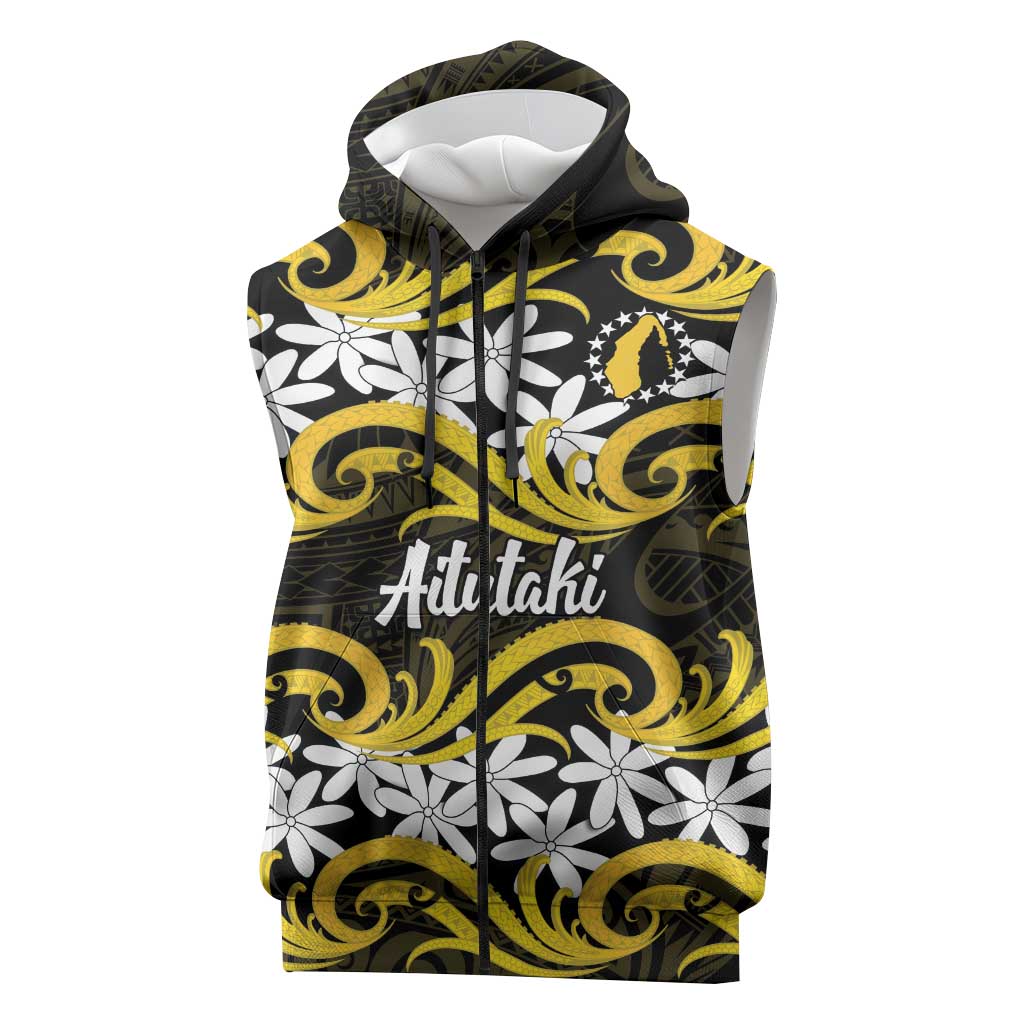Personalised Cook Islands Aitutaki Sleeveless Zip Hoodie Tiare Maori Polynesian Waves Tattoo