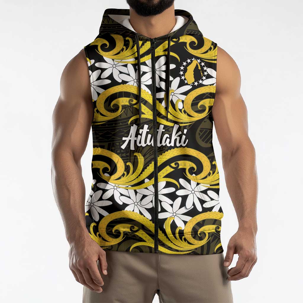 Personalised Cook Islands Aitutaki Sleeveless Zip Hoodie Tiare Maori Polynesian Waves Tattoo