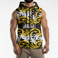 Personalised Cook Islands Aitutaki Sleeveless Zip Hoodie Tiare Maori Polynesian Waves Tattoo