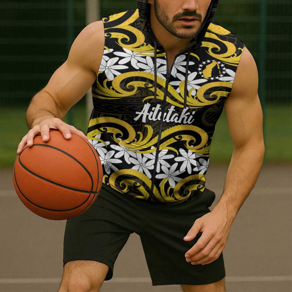 Personalised Cook Islands Aitutaki Sleeveless Zip Hoodie Tiare Maori Polynesian Waves Tattoo