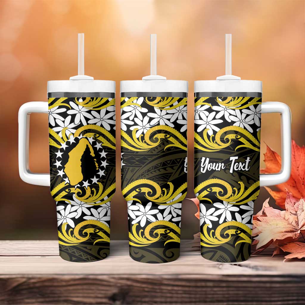 Personalised Cook Islands Aitutaki Tumbler With Handle Tiare Maori Polynesian Waves Tattoo