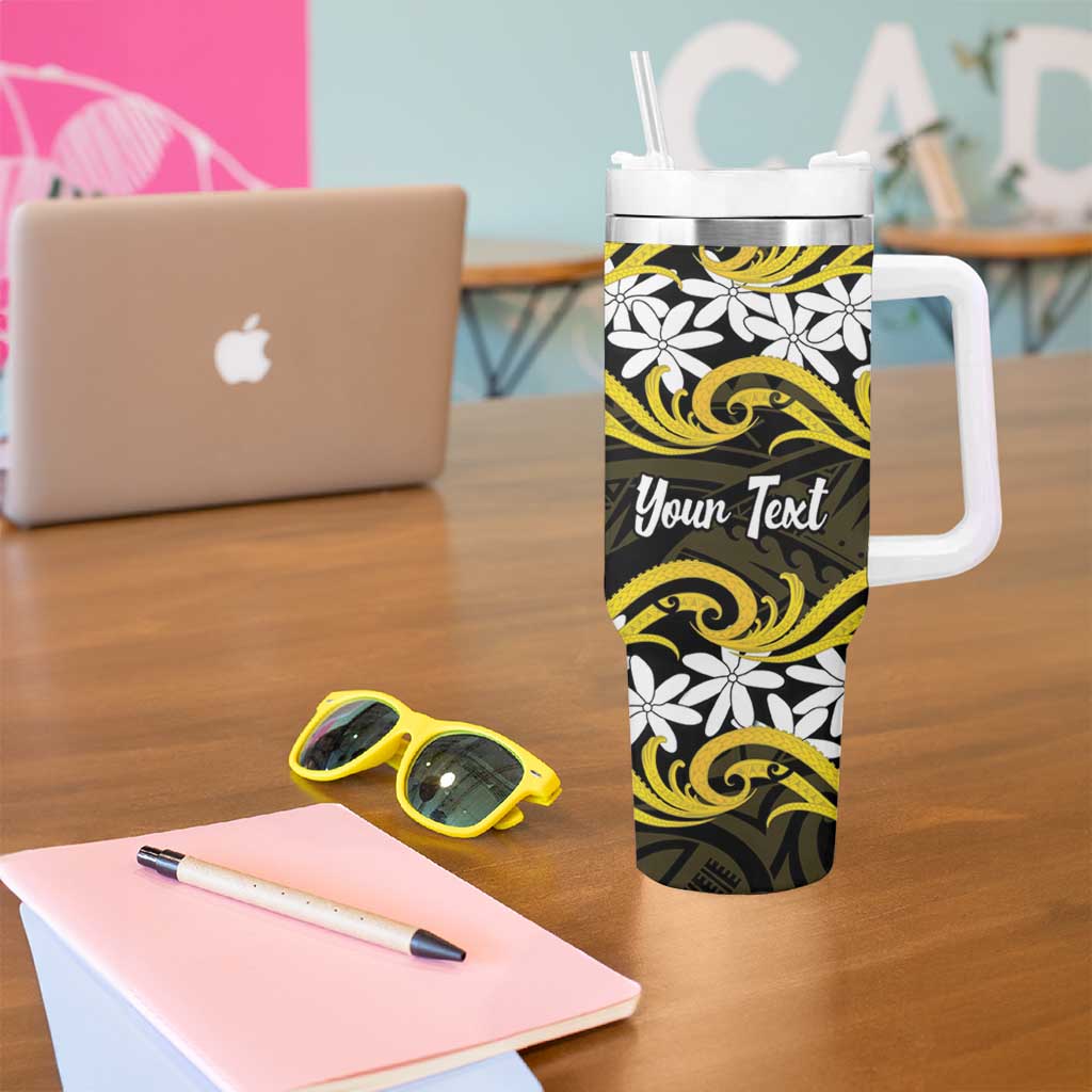 Personalised Cook Islands Aitutaki Tumbler With Handle Tiare Maori Polynesian Waves Tattoo