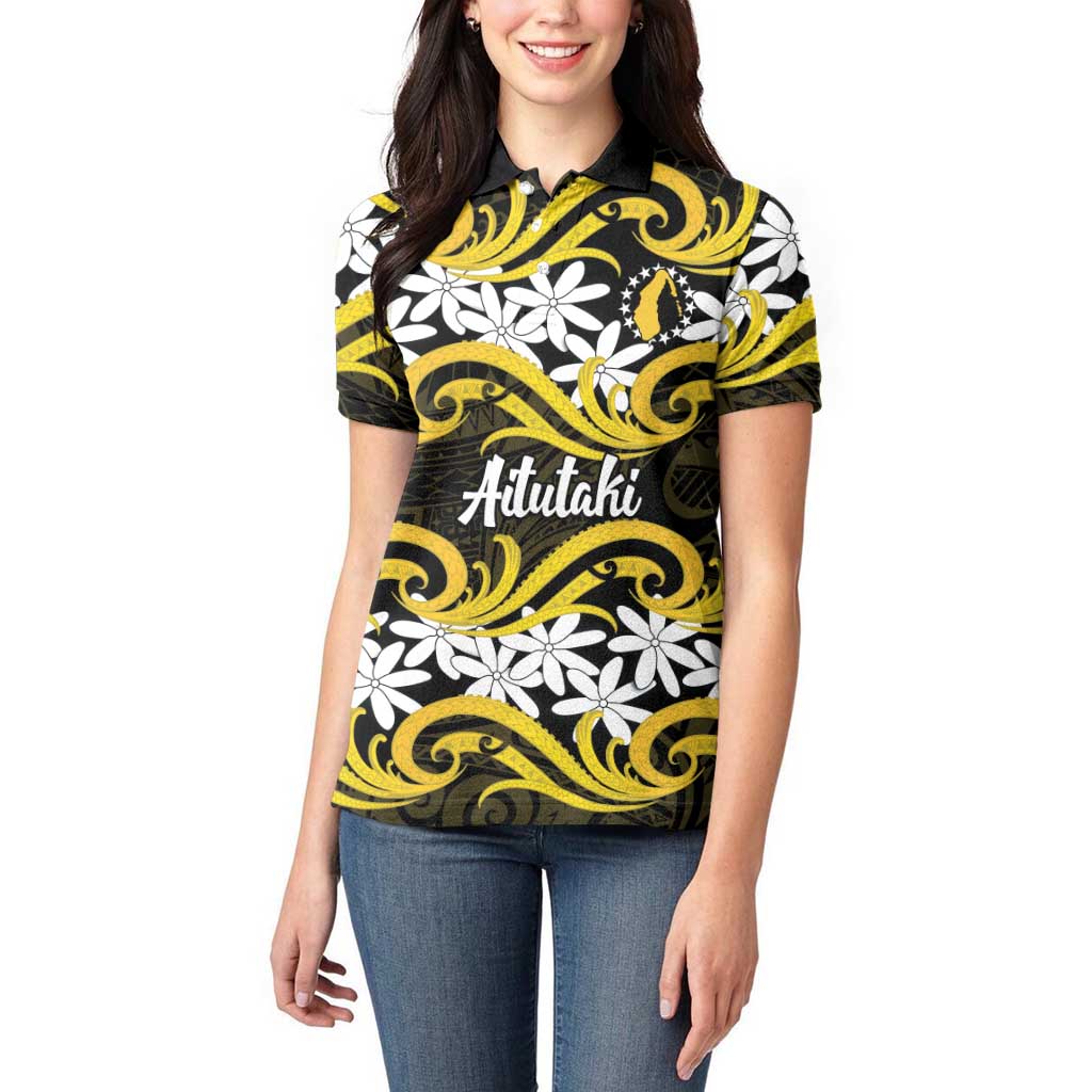 Personalised Cook Islands Aitutaki Women Polo Shirt Tiare Maori Polynesian Waves Tattoo