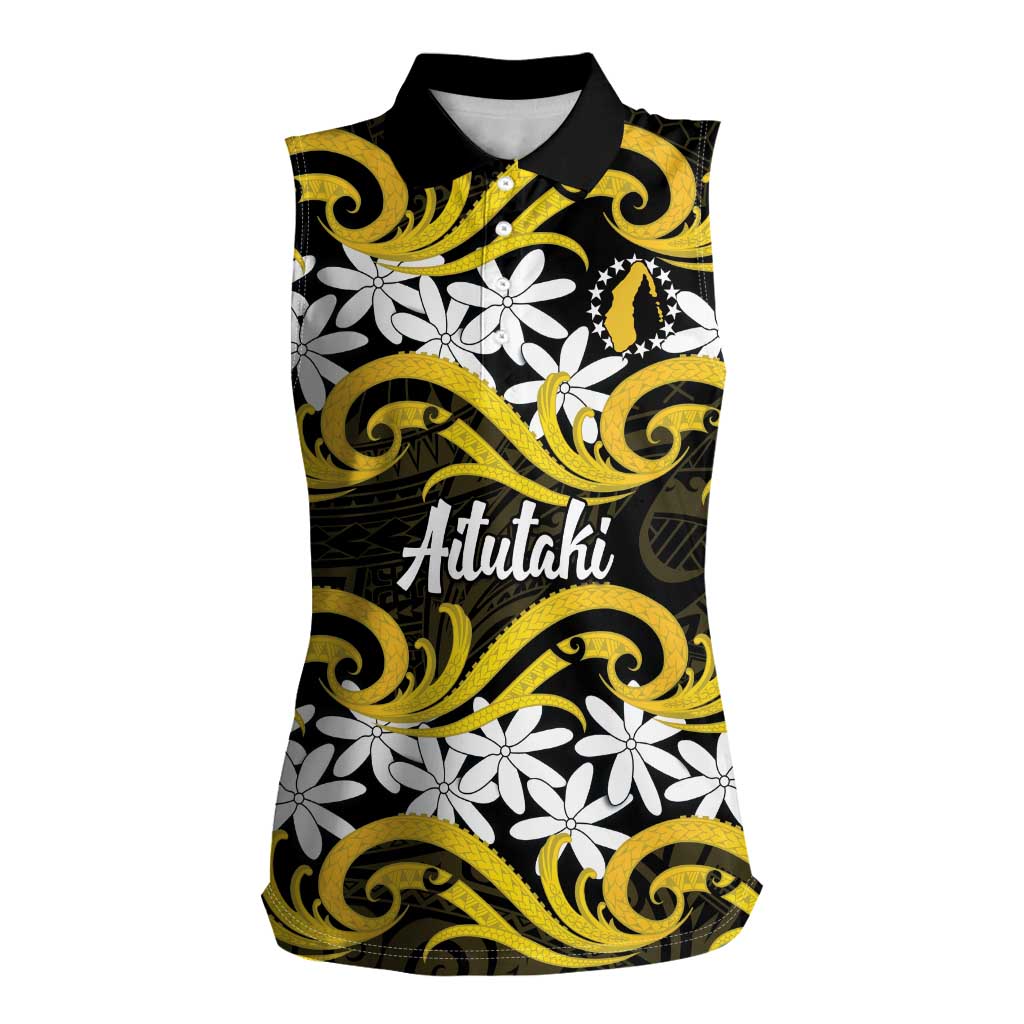 Personalised Cook Islands Aitutaki Women Sleeveless Polo Shirt Tiare Maori Polynesian Waves Tattoo