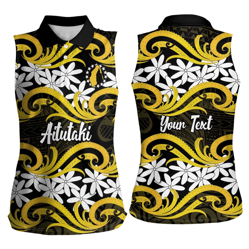 Personalised Cook Islands Aitutaki Women Sleeveless Polo Shirt Tiare Maori Polynesian Waves Tattoo