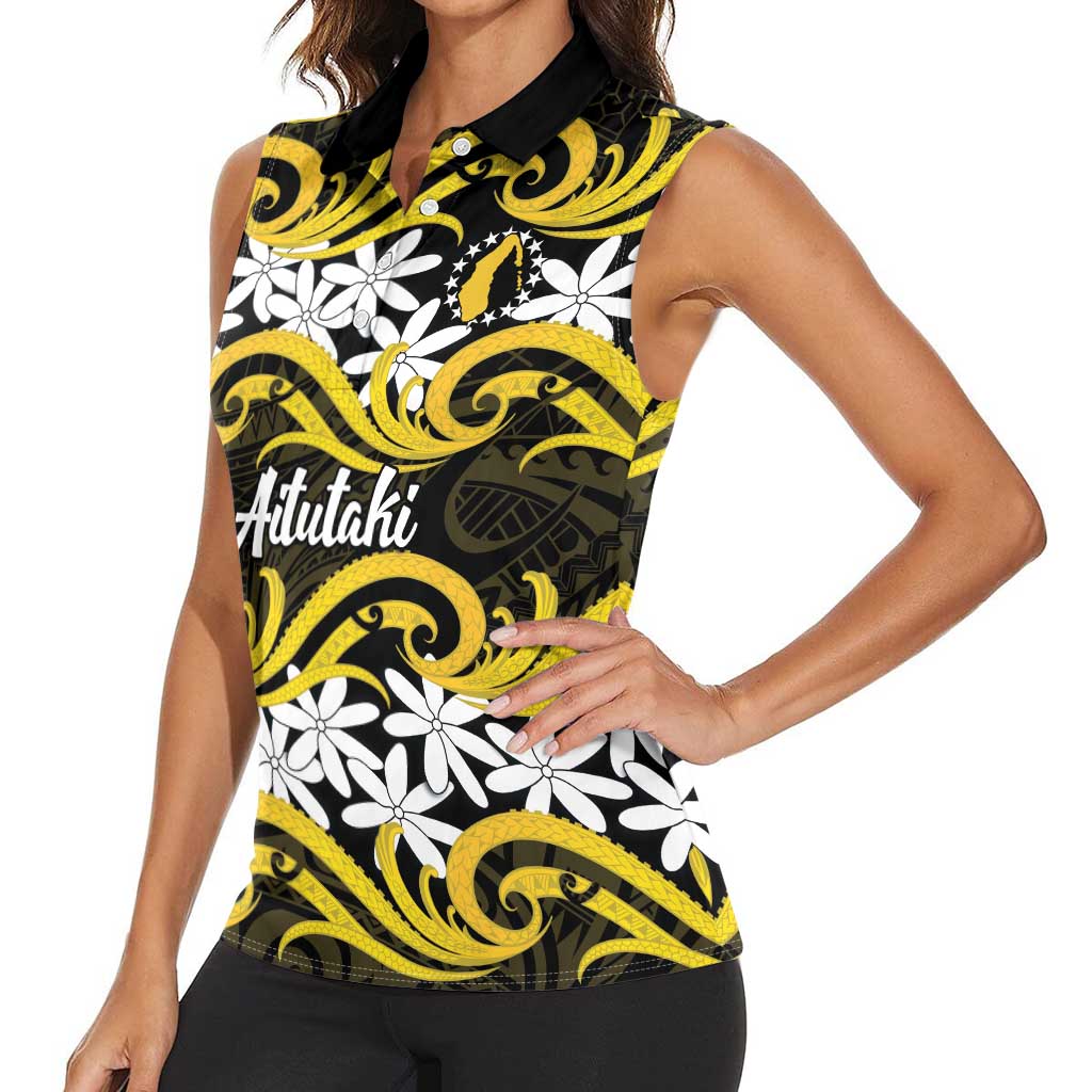Personalised Cook Islands Aitutaki Women Sleeveless Polo Shirt Tiare Maori Polynesian Waves Tattoo