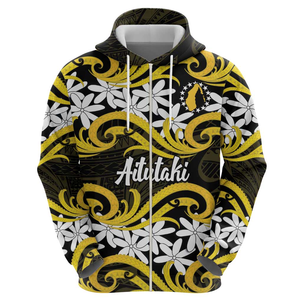 Personalised Cook Islands Aitutaki Zip Hoodie Tiare Maori Polynesian Waves Tattoo LT14 - Polynesian Pride
