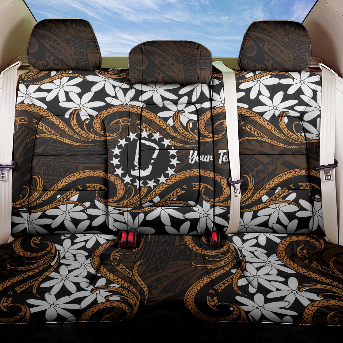 Personalised Cook Islands Rakahanga Back Car Seat Cover Tiare Maori Polynesian Waves Tattoo