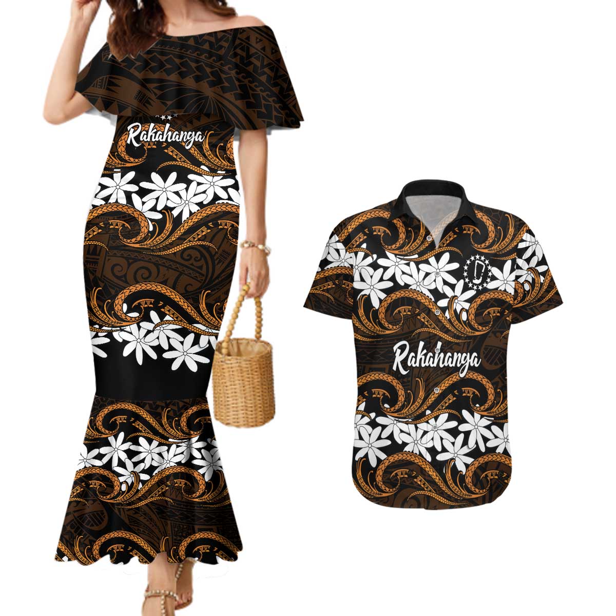 Personalised Cook Islands Rakahanga Couples Matching Mermaid Dress and Hawaiian Shirt Tiare Maori Polynesian Waves Tattoo